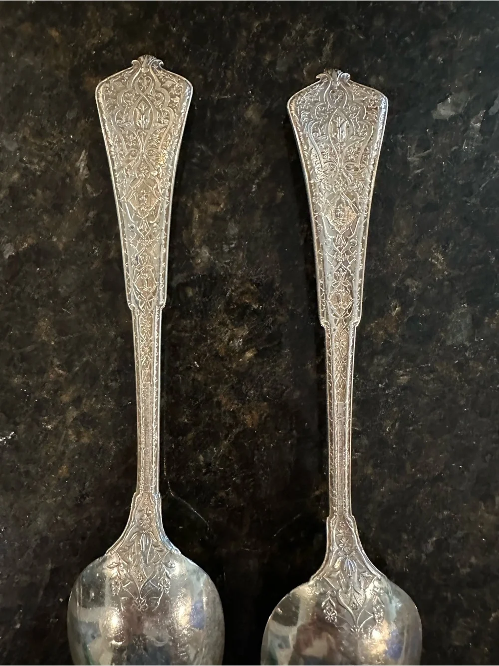 Pair of vintage Tiffany & Co. Silver Ornate Dinner Spoons